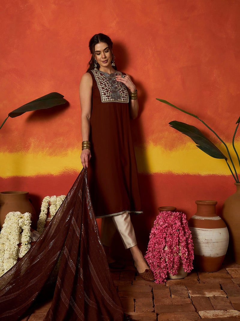 Stylum Women's Brown Solid & Embroidered Rayon A-Line Kurta With Dupatta (KDBROWNCRUST)