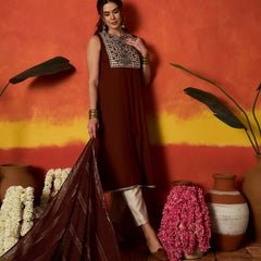 Stylum Women's Brown Solid & Embroidered Rayon A-Line Kurta With Dupatta (KDBROWNCRUST)