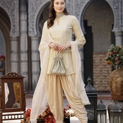 Stylum Women's Embroidered & Embellished Rayon Pleated Kurti with Dhoti Pant & Dupatta (KPDCREAMCRUSH)