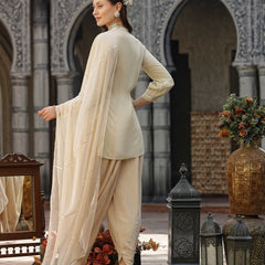 Stylum Women's Embroidered & Embellished Rayon Pleated Kurti with Dhoti Pant & Dupatta (KPDCREAMCRUSH)