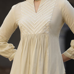 Stylum Women's Embroidered & Embellished Rayon Pleated Kurti with Dhoti Pant & Dupatta (KPDCREAMCRUSH)