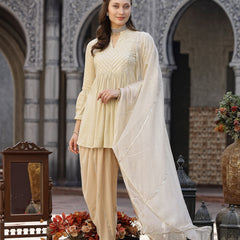 Stylum Women's Embroidered & Embellished Rayon Pleated Kurti with Dhoti Pant & Dupatta (KPDCREAMCRUSH)