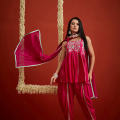 Stylum Women's Pink Solid & Embroidered Rayon A-Line Kurti Dhoti Pant With Dupatta (KDDPINKCHAHAT)