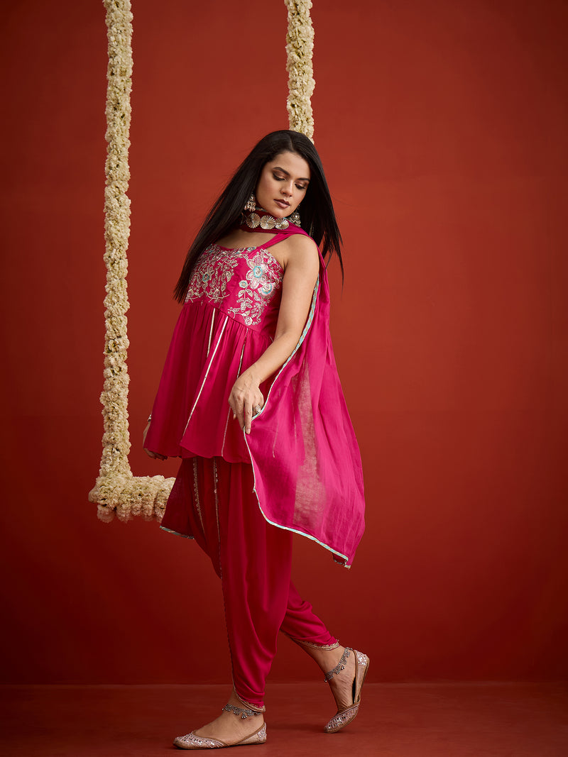 Stylum Women's Pink Solid & Embroidered Rayon A-Line Kurti Dhoti Pant With Dupatta (KDDPINKCHAHAT)