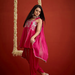 Stylum Women's Pink Solid & Embroidered Rayon A-Line Kurti Dhoti Pant With Dupatta (KDDPINKCHAHAT)