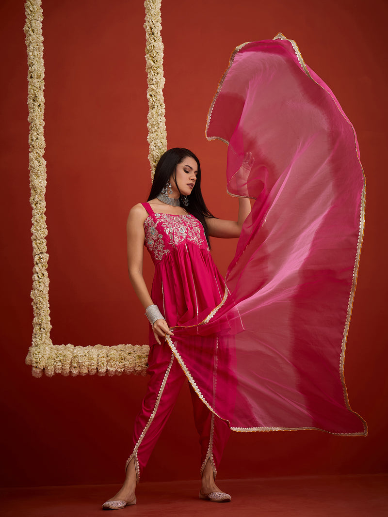 Stylum Women's Pink Solid & Embroidered Rayon A-Line Kurti Dhoti Pant With Dupatta (KDDPINKNIGRAM)