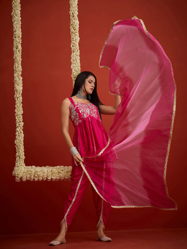 Stylum Women's Pink Solid & Embroidered Rayon A-Line Kurti Dhoti Pant With Dupatta (KDDPINKNIGRAM)