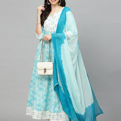 Stylum Women's Printed Cotton Anarkali Kurta with Dupatta (KDGEET)