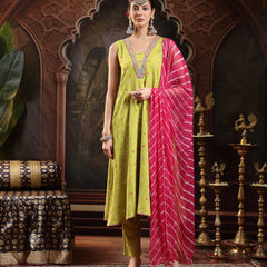 Stylum Women's Green Bandhej Printed & Embroidered Rayon A-Line Kurta With Dupatta (KDGREENTANGLE)