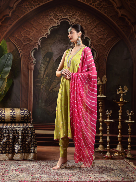 Stylum Women's Green Bandhej Printed & Embroidered Rayon A-Line Kurta With Dupatta (KDGREENTANGLE)