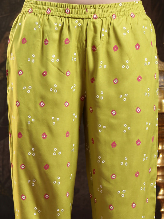 Stylum Women's Green Bandhej Printed & Embroidered Rayon A-Line Kurta With Dupatta (KDGREENTANGLE)