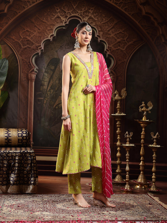 Stylum Women's Green Bandhej Printed & Embroidered Rayon A-Line Kurta With Dupatta (KDGREENTANGLE)