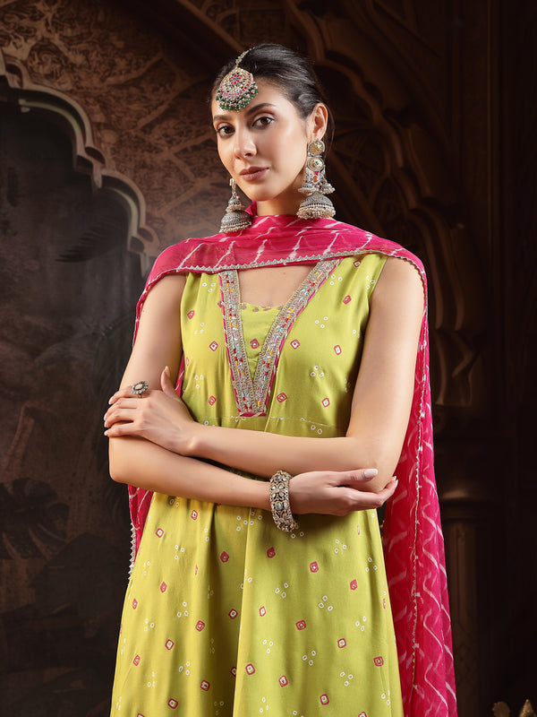 Stylum Women's Green Bandhej Printed & Embroidered Rayon A-Line Kurta With Dupatta (KDGREENTANGLE)