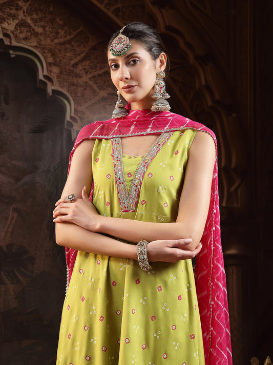 Stylum Women's Green Bandhej Printed & Embroidered Rayon A-Line Kurta With Dupatta (KDGREENTANGLE)