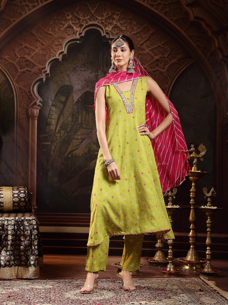 Stylum Women's Green Bandhej Printed & Embroidered Rayon A-Line Kurta With Dupatta (KDGREENTANGLE)