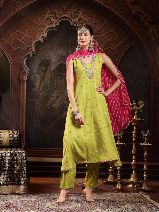 Stylum Women's Green Bandhej Printed & Embroidered Rayon A-Line Kurta With Dupatta (KDGREENTANGLE)