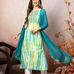 Stylum Women's Lime Green Shibori Printed & Embroidered Rayon A-Line Kurta Dupatta Set (KDLIMELIMCA)