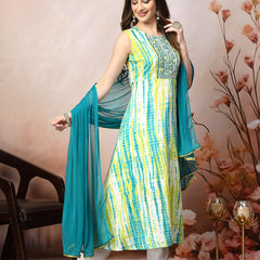 Stylum Women's Lime Green Shibori Printed & Embroidered Rayon A-Line Kurta Dupatta Set (KDLIMELIMCA)