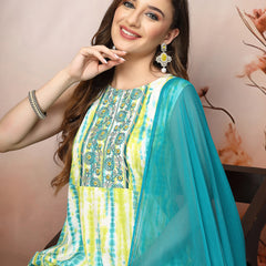 Stylum Women's Lime Green Shibori Printed & Embroidered Rayon A-Line Kurta Dupatta Set (KDLIMELIMCA)