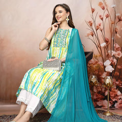 Stylum Women's Lime Green Shibori Printed & Embroidered Rayon A-Line Kurta Dupatta Set (KDLIMELIMCA)