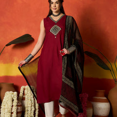 Stylum Women's Maroon Solid & Embroidered Rayon A-Line Kurta With Dupatta (KDMAROONADANI)