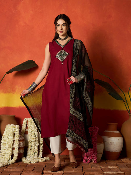 Stylum Women's Maroon Solid & Embroidered Rayon A-Line Kurta With Dupatta (KDMAROONADANI)