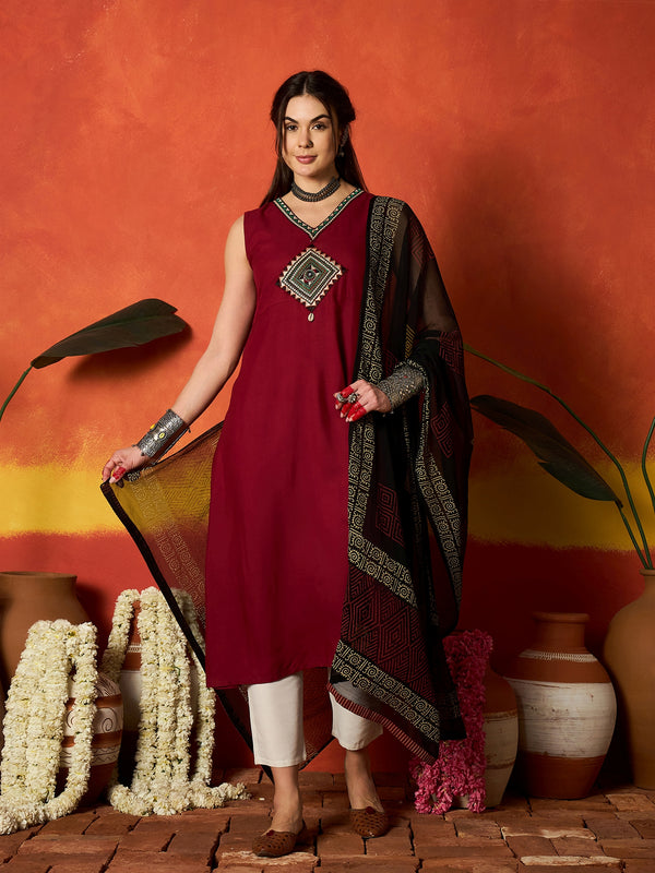 Stylum Women's Maroon Solid & Embroidered Rayon A-Line Kurta With Dupatta (KDMAROONADANI)