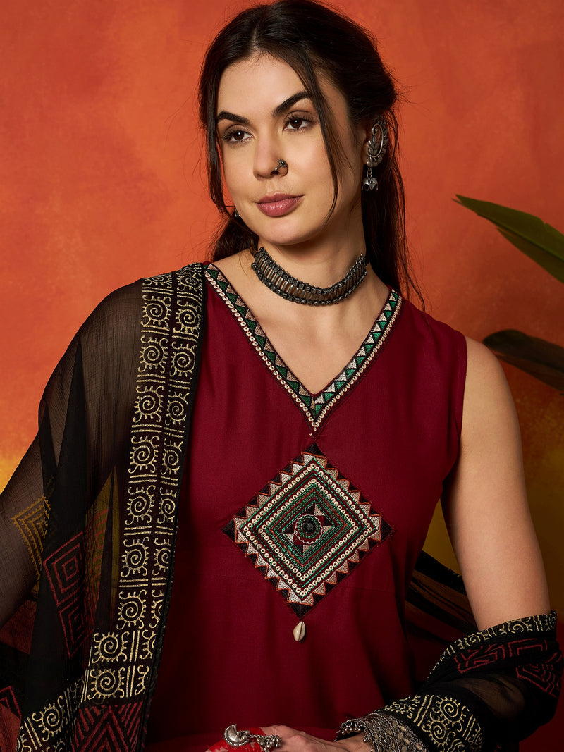 Stylum Women's Maroon Solid & Embroidered Rayon A-Line Kurta With Dupatta (KDMAROONADANI)