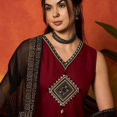 Stylum Women's Maroon Solid & Embroidered Rayon A-Line Kurta With Dupatta (KDMAROONADANI)