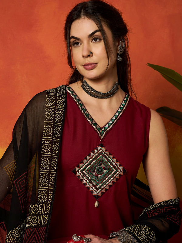 Stylum Women's Maroon Solid & Embroidered Rayon A-Line Kurta With Dupatta (KDMAROONADANI)