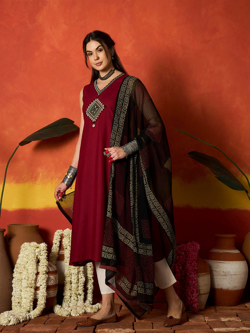 Stylum Women's Maroon Solid & Embroidered Rayon A-Line Kurta With Dupatta (KDMAROONADANI)