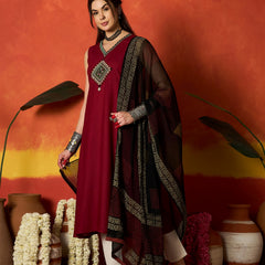 Stylum Women's Maroon Solid & Embroidered Rayon A-Line Kurta With Dupatta (KDMAROONADANI)