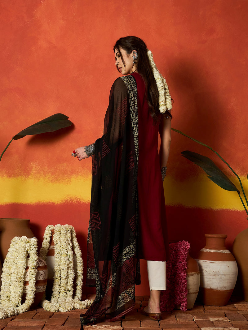 Stylum Women's Maroon Solid & Embroidered Rayon A-Line Kurta With Dupatta (KDMAROONADANI)