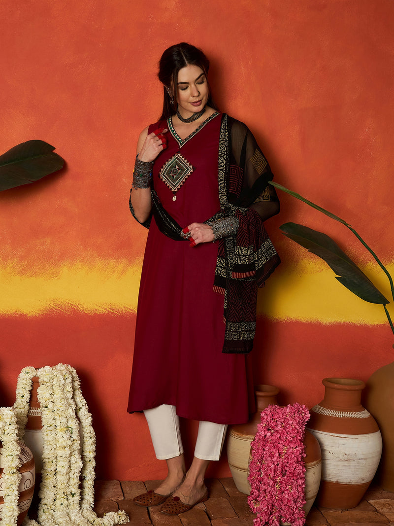 Stylum Women's Maroon Solid & Embroidered Rayon A-Line Kurta With Dupatta (KDMAROONADANI)