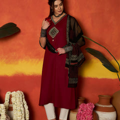 Stylum Women's Maroon Solid & Embroidered Rayon A-Line Kurta With Dupatta (KDMAROONADANI)