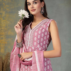 Stylum Women's Mauve Printed & Embroidered Rayon A-Line Kurta Dupatta Set (KDMAUVEMOKO)