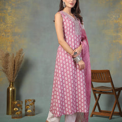 Stylum Women's Mauve Printed & Embroidered Rayon A-Line Kurta Dupatta Set (KDMAUVEMOKO)