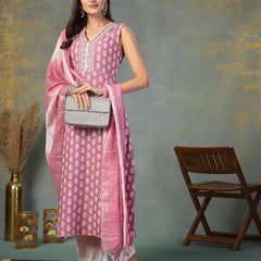 Stylum Women's Mauve Printed & Embroidered Rayon A-Line Kurta Dupatta Set (KDMAUVEMOKO)