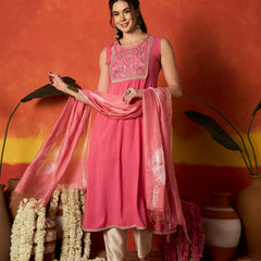 Stylum Women's Peach Solid & Embroidered Rayon A-Line Kurta With Dupatta (KDPEACHJERSEY)