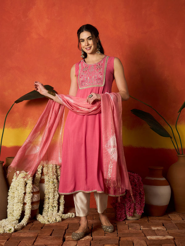 Stylum Women's Peach Solid & Embroidered Rayon A-Line Kurta With Dupatta (KDPEACHJERSEY)
