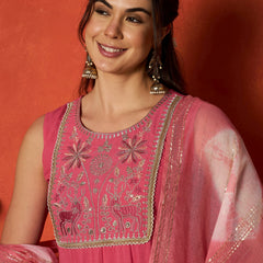 Stylum Women's Peach Solid & Embroidered Rayon A-Line Kurta With Dupatta (KDPEACHJERSEY)