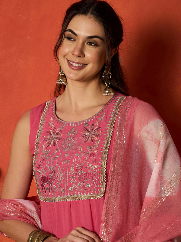 Stylum Women's Peach Solid & Embroidered Rayon A-Line Kurta With Dupatta (KDPEACHJERSEY)