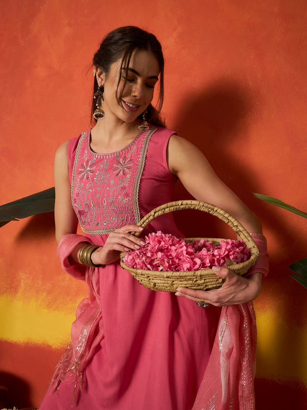 Stylum Women's Peach Solid & Embroidered Rayon A-Line Kurta With Dupatta (KDPEACHJERSEY)