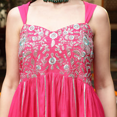 Stylum Women's Pink Solid & Embroidered Rayon A-Line Kurti Dhoti Pant Set (KDPINKROM)