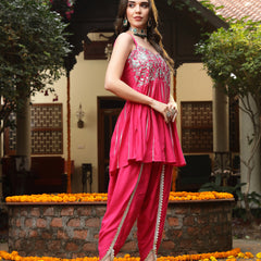 Stylum Women's Pink Solid & Embroidered Rayon A-Line Kurti Dhoti Pant Set (KDPINKROM)