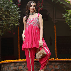 Stylum Women's Pink Solid & Embroidered Rayon A-Line Kurti Dhoti Pant Set (KDPINKROM)