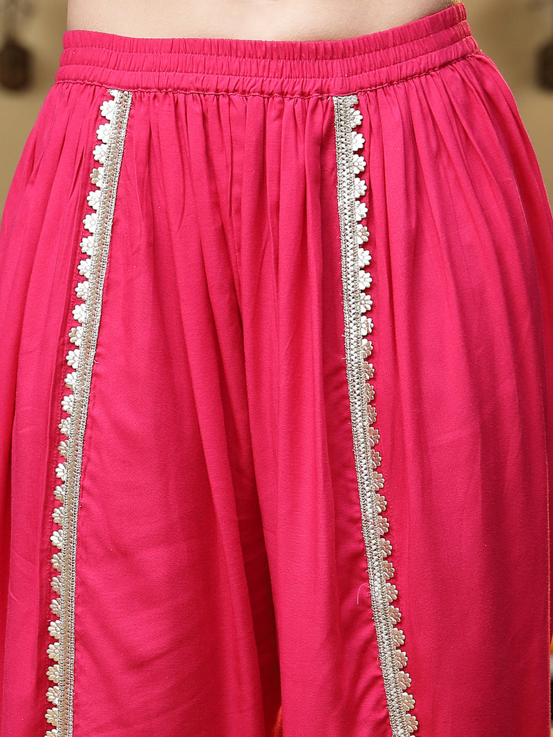 Stylum Women's Pink Solid & Embroidered Rayon A-Line Kurti Dhoti Pant Set (KDPINKROM)