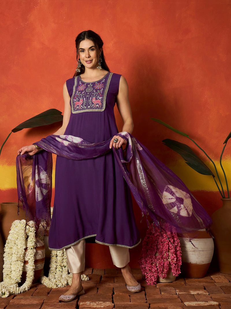 Stylum Women's Purple Solid & Embroidered Rayon A-Line Kurta With Dupatta (KDPURPLEJERSEY)