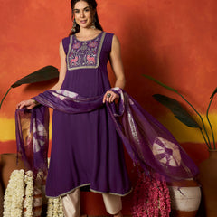 Stylum Women's Purple Solid & Embroidered Rayon A-Line Kurta With Dupatta (KDPURPLEJERSEY)