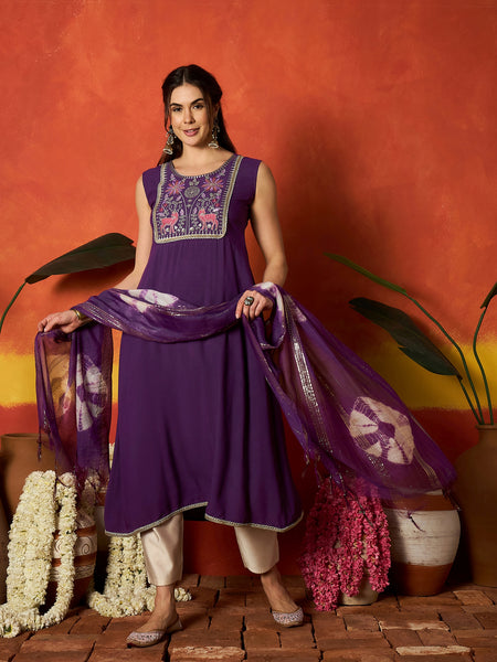 Stylum Women's Purple Solid & Embroidered Rayon A-Line Kurta With Dupatta (KDPURPLEJERSEY)